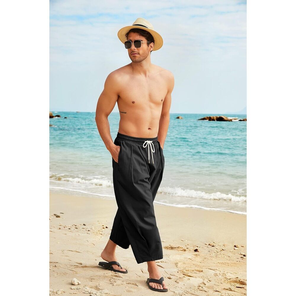 Men's Cotton Linen Harem Pants Drawstring Casual Cropped Trousers - Picture 5 of 6
